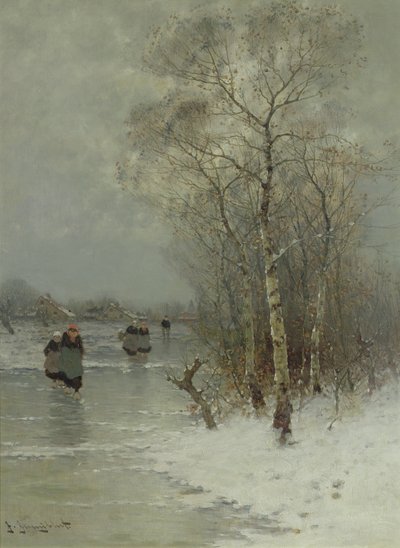 Ragazze che camminano su un fiume ghiacciato da Johann II Jungblut