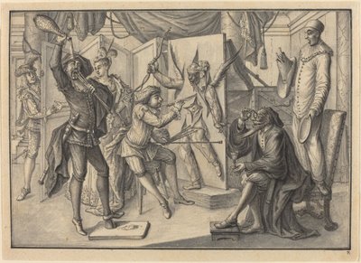 Mezzetin "dipinge" un ritratto di Cupido tagliando la tela per rivelare Arlecchino da Johann Jacob Schubler