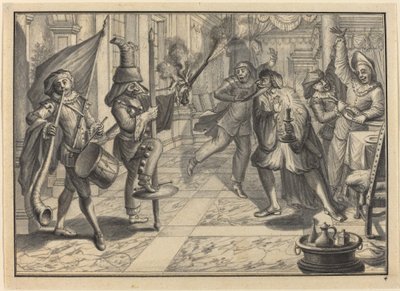 Mezzetin e Arlecchino, travestiti da Capitano, interrompono la cena di Pantalone da Johann Jacob Schubler