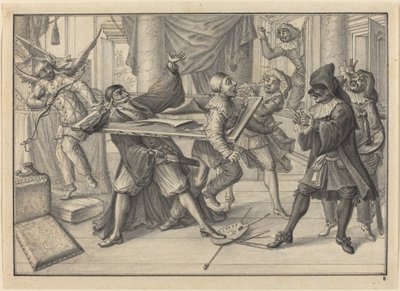 Mezzetin e Arlecchino Usano la Cornice per Catturare Pantalone e Pierrot da Johann Jacob Schubler