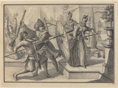 Pantalone e il dottore che combattono con Colombina e Brigatella nel giardino da Johann Jacob Schubler