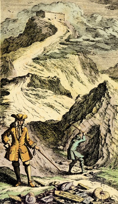 Paleontologia: il naturalista svizzero Johann Jakob Scheuchzer (1672-1733) scoprì nelle montagne svizzere le tracce del Diluvio Universale grazie ai fossili. Incisione da 