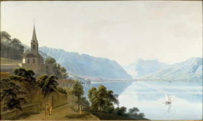 La chiesa di Les Planches, Chillon, Villeneuve e i Dents du Midi da Johann Jakob Wetzel