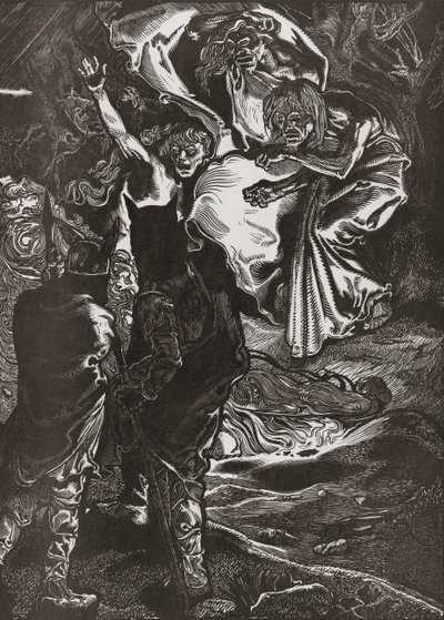 Macbeth e Banquo incontrano le tre streghe, XX secolo (incisione) da Johann Joseph Aarts