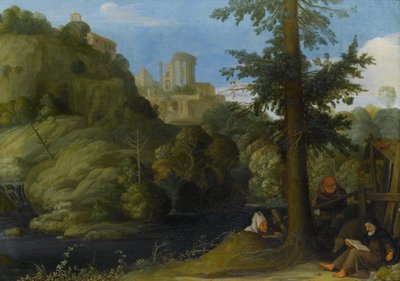 Un eremita con due viaggiatori in un paesaggio boscoso da Johann König
