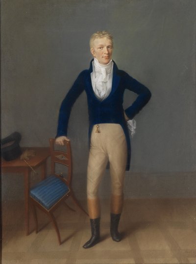 Ritratto di un signore biondo in figura intera in costume da equitazione, appoggiato a uno schienale di sedia da Johann Lorenz Kreul