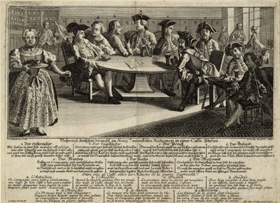 Conversazione tra 7 nazioni coinvolte nella guerra in un caffè, 1757 da Johann Lorenz Rugendas the Elder
