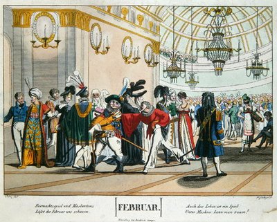 Ballo in maschera di Carnevale, illustrazione del calendario per febbraio, pubblicato a Norimberga, c.1830 da Johann Michael (after) Voltz