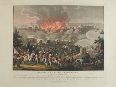 Bombardamento di Copenaghen, 2-5 settembre 1807, acquatinta colorata di e dopo J. Laurent Rugendas, pubblicata da J. Laurent Rugendas, Augusta, 1807 da Johann Moritz Rugendas