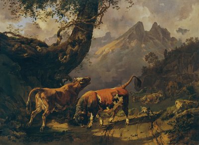Toro che insegue una mucca, sullo sfondo paesaggio di Carrara da Johann Nepomuk Rauch