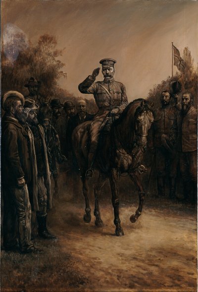 Il Generale Lord Kitchener saluta mentre passa davanti ai leader boeri che si tolgono il cappello, 1902 da Johann Nepomuk Schonberg