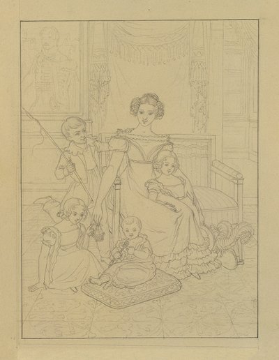 Disegno a contorno di una madre con quattro bambini da Johann Peter Krafft