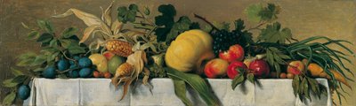 Natura morta con frutta e verdura su tovaglia bianca da Johann Peter Krafft