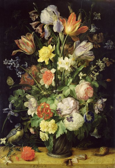Natura morta con fiori e cincia azzurra da Johann Rudolf Byss