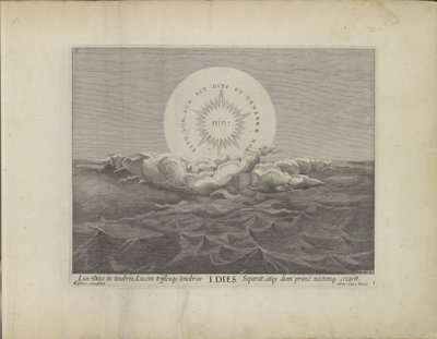 Primo giorno della creazione: separazione della luce dalle tenebre (creazione del mondo, Theatrum Biblicum Hoc Est Historiae Sacrae Veteris et Novi Testamenti Tabulis Aeneis Expressae) da Johann Sadeler (I)