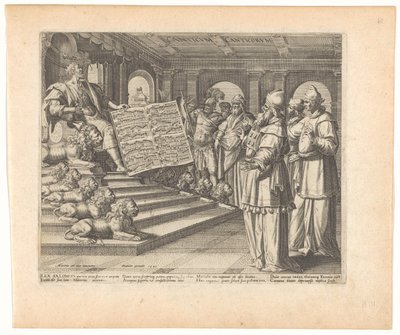 Stampa del mottetto e frontespizio con Salomone come compositore del Cantico dei Cantici (serie Hooglied di Salomone) da Johann Sadeler (I)