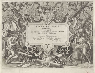 Cornice ornamentale con Adamo ed Eva (Storia della famiglia di Caino / Sulle buone e cattive opere) da Johann Sadeler (I)