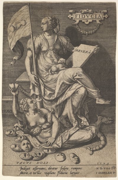 Fiducia, una donna seduta tiene un libro e uno stendardo mentre gira la testa lontano da un orso nudo, 1579 da Johann Sadeler I