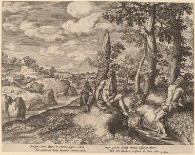 Paesaggio con tre uomini nudi e un cane da Johann Sadeler I