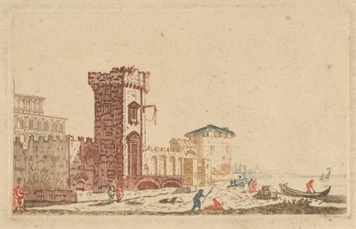 [Una di] Sei Incisioni Colorate di Castelli, Rovine e Paesaggi Marini da Johann Teyler