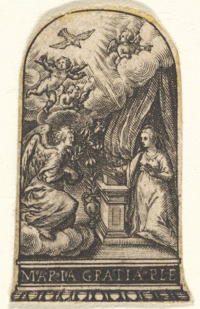 Annunciazione, Maria inginocchiata a un leggio mentre Gabriele si avvicina su una nuvola da Johann Theodor de Bry