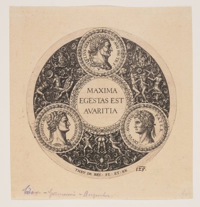 Maxima Egestas Est Avaritia, progetto per un piatto con piede da Johann Theodor de Bry
