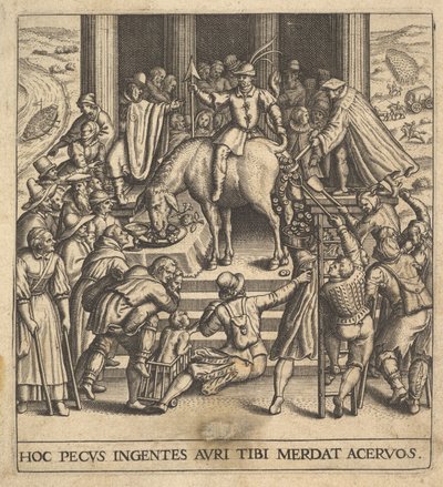 Uomini che raccolgono sterco caduto dal posteriore di un mulo, con un cavaliere seduto dietro, 1592-1614 da Johann Theodor de Bry