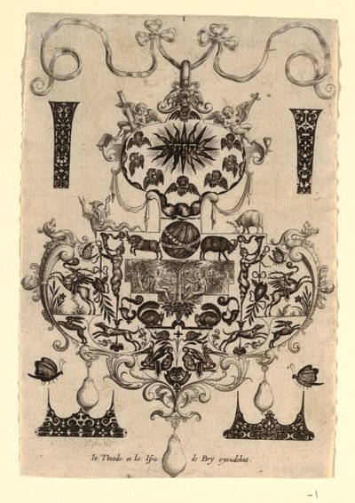 Disegno di pendente con la Tentazione, Piatto 1, da una serie di otto disegni di pendenti con le virtù cardinali da Johann Theodor de Bry
