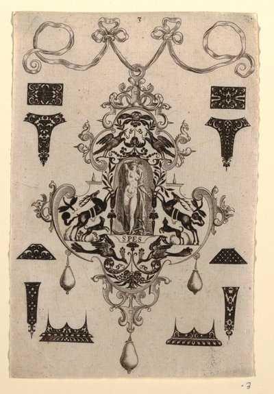 Disegno di pendente con la Virtù Speranza, Tavola 3, da una serie di otto disegni di pendenti con le virtù cardinali da Johann Theodor de Bry