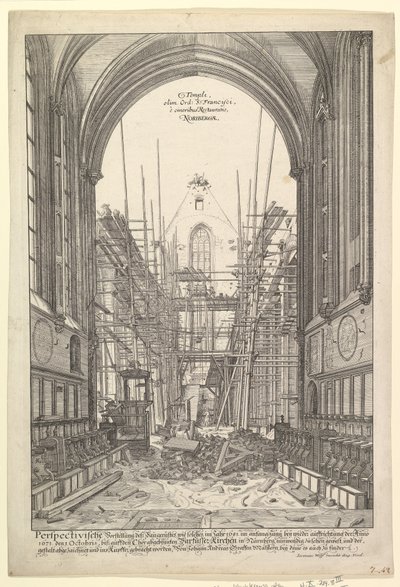 Veduta della Chiesa dei Francescani a Norimberga in ricostruzione, dalla serie V. da Johann Ulrich Kraus