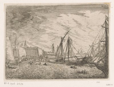 Veduta del porto con navi a vela e galee davanti a una cinta muraria da Johann Wilhelm Baur