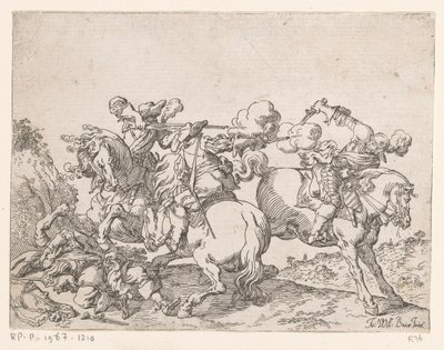 Due moschettieri a cavallo sparano a un cavaliere da Johann Wilhelm Baur