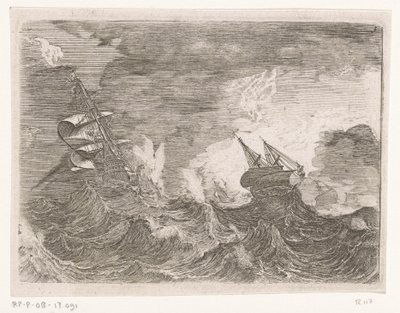 Cinque navi a vela in mare durante una tempesta (serie Schepen in stormachtig weer) da Johann Wilhelm Baur