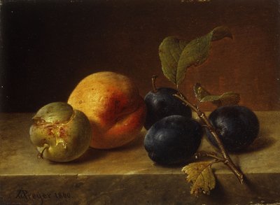 Una pesca e prugne su un bordo di marmo, 1860 da Johann Wilhelm Preyer