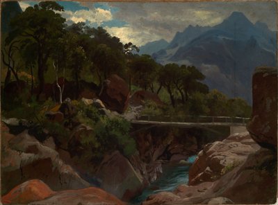 Torrente montano svizzero con passerella da Johann Wilhelm Schirmer