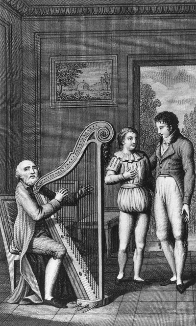 Arpista, Mignon e Wilhelm, frontespizio illustrato per Gli anni di apprendistato di Wilhelm Meister, romanzo di Johann Wolfgang von Goethe, incisione dall