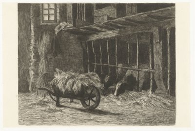 Interno di una stalla con mucche e carriola con fieno da Johanna Henriëtte Besier