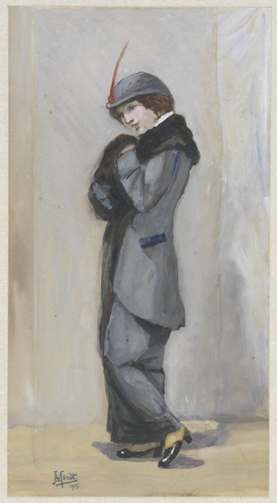 Dama in piedi con lungo mantello di pelliccia da Johannes Abraham Mondt