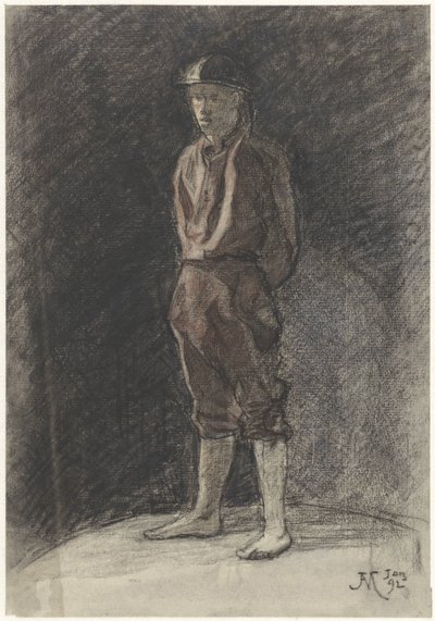 Uomo in piedi con elmo e pantaloni arrotolati da Johannes Abraham Mondt