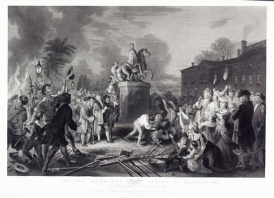 Abbattimento della statua di Giorgio III da parte dei Figli della Libertà, al Bowling Green, città di New York, luglio 1776, pub. 1875 da Johannes Adam Simon after Oertel