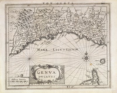 Ducato di Genova, Mappa di Jan Baptist Vrients da atlante tedesco, Incisione su rame, metà del XVII secolo da Johannes Baptista Vrints