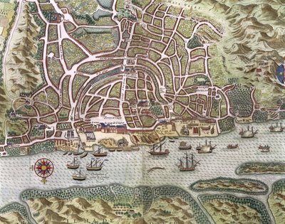 Mappa della città e del porto portoghese di Goa, India (dettaglio) da Johannes Baptista van Doetechum the Younger