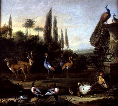 Paesaggio di un parco con cervi e uccelli esotici (c.1710) da Johannes Bronckhorst