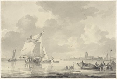 Veduta del fiume con alcune navi, in lontananza una città da Johannes Christiaan Schotel