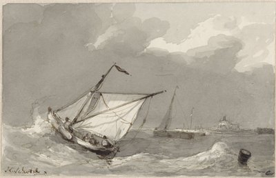 Barca da pesca in un mare agitato, con un villaggio in lontananza da Johannes Christiaan Schotel