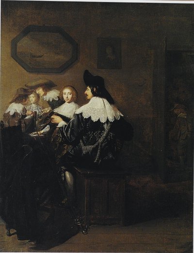 Compagnia con un uomo che suona il liuto, seduto a un tavolo da Johannes Cornelisz Verspronck