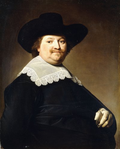 Ritratto di un gentiluomo, a mezzo busto, con un costume nero con un colletto di pizzo bianco e un cappello nero da Johannes Cornelisz. Verspronck