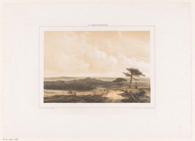 Paesaggio di brughiera con viandante a riposo e pastore con gregge da Johannes Franciscus Hoppenbrouwers