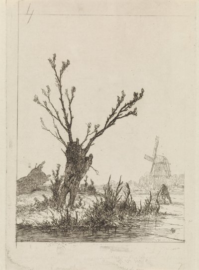 Pattinatore con slitta vicino a un salice da Johannes Franciscus Hoppenbrouwers