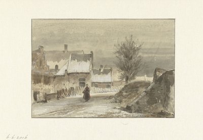 Scena invernale con donna in piedi sul ghiaccio da Johannes Franciscus Hoppenbrouwers